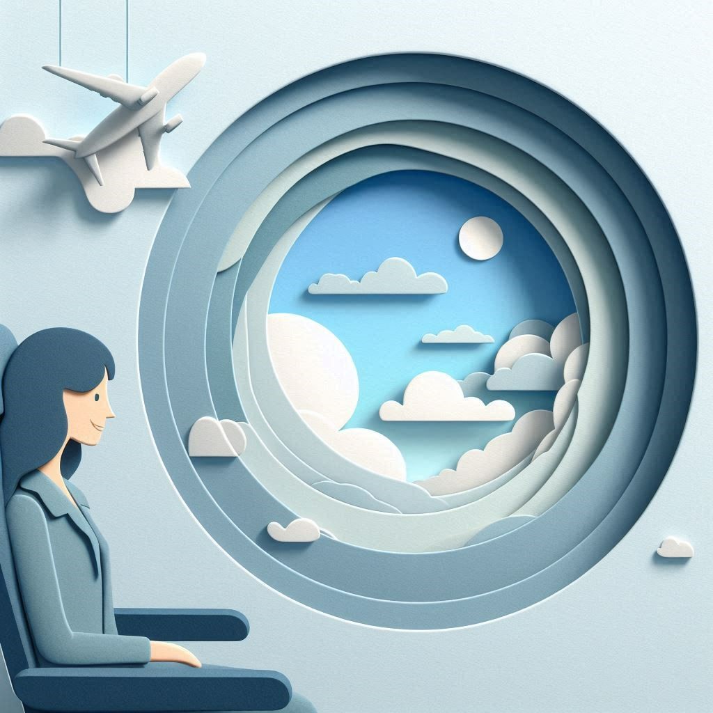 comfortable person sitting on an airplane enjoying the flight. Calm and relaxed.
